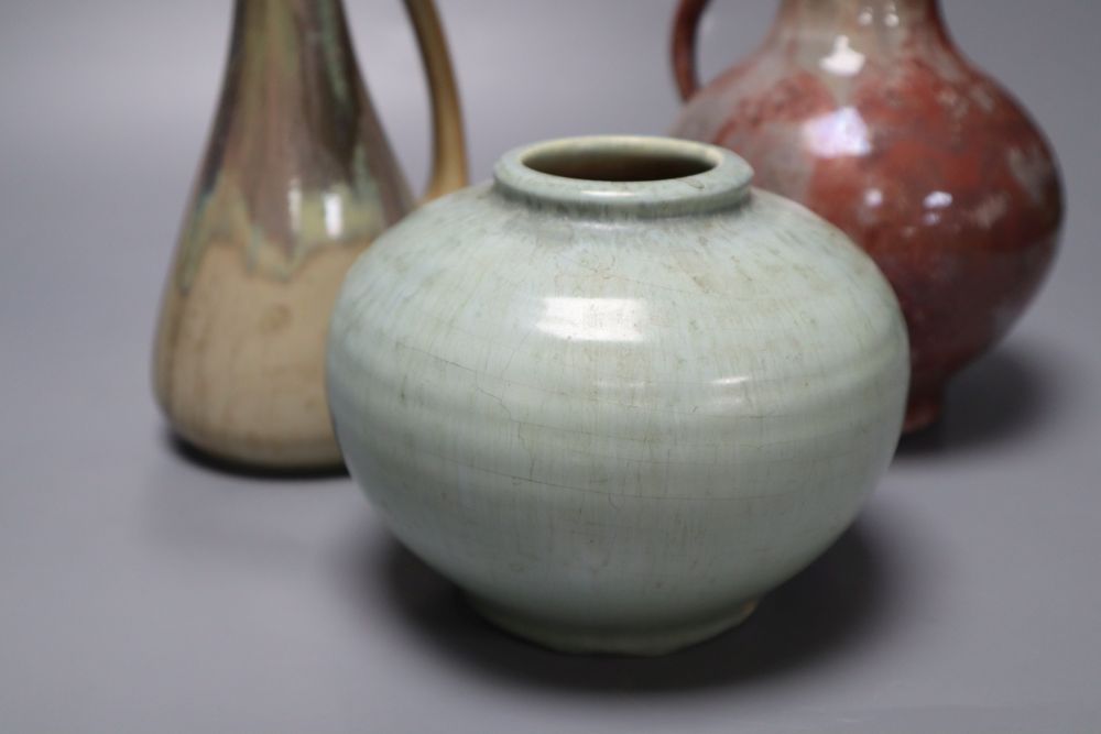 Three items of Art Pottery, including a stoneware ewer and stopper,